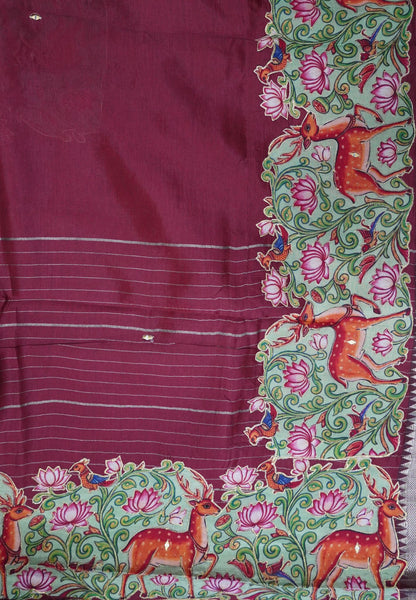 Pure Mangalgiri Silk Saree- Maroon with Appliqué Work