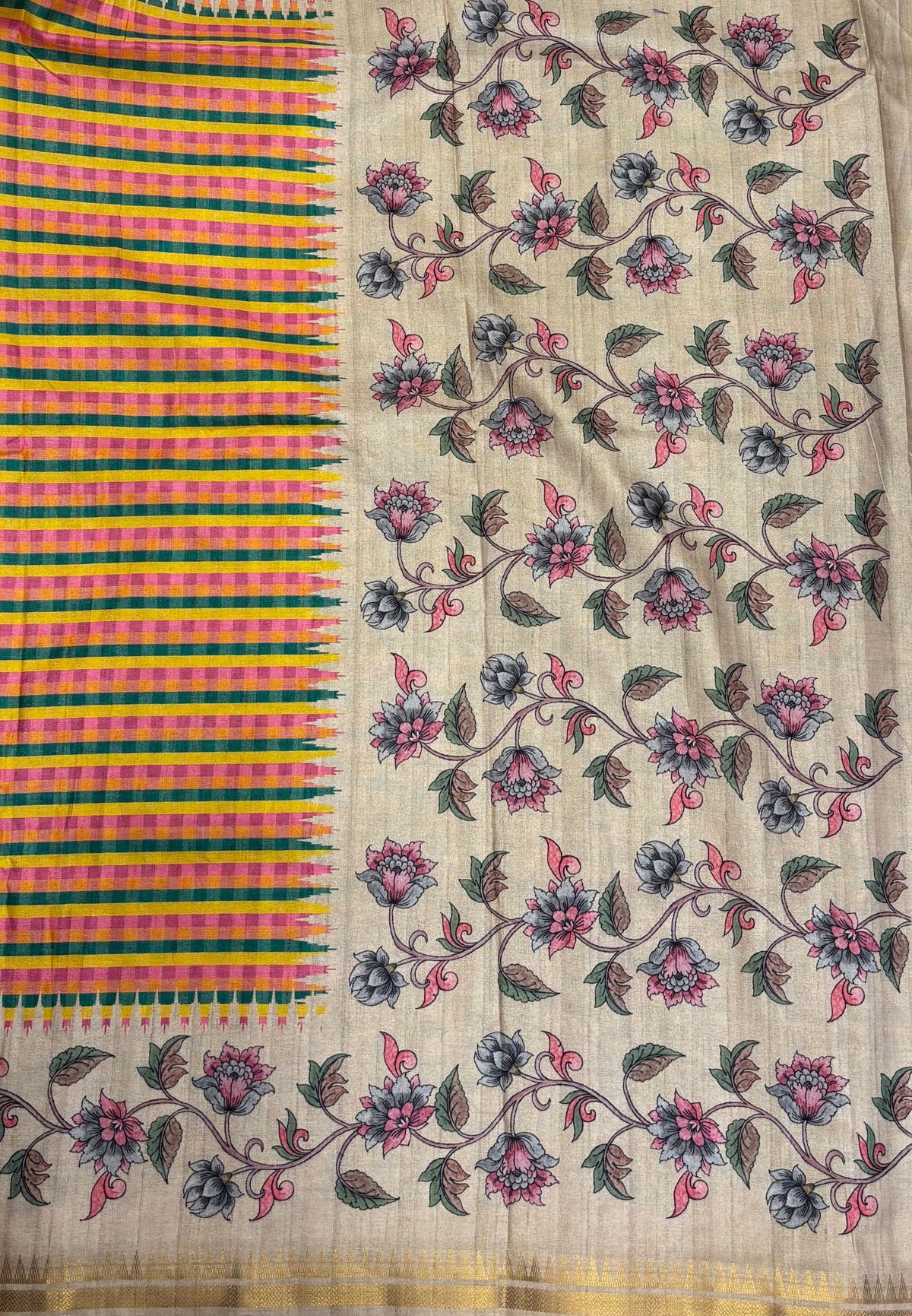 Semi Tussar Saree-Green in Mini Checks Floral Border