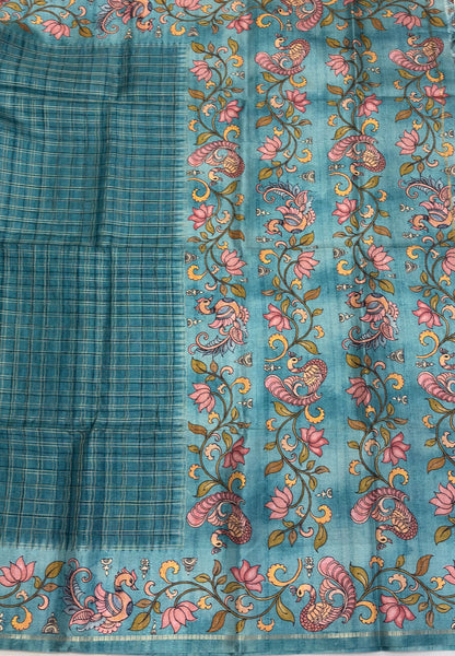 Matka Tussar Saree-Sky Blue with Kalamkari Border