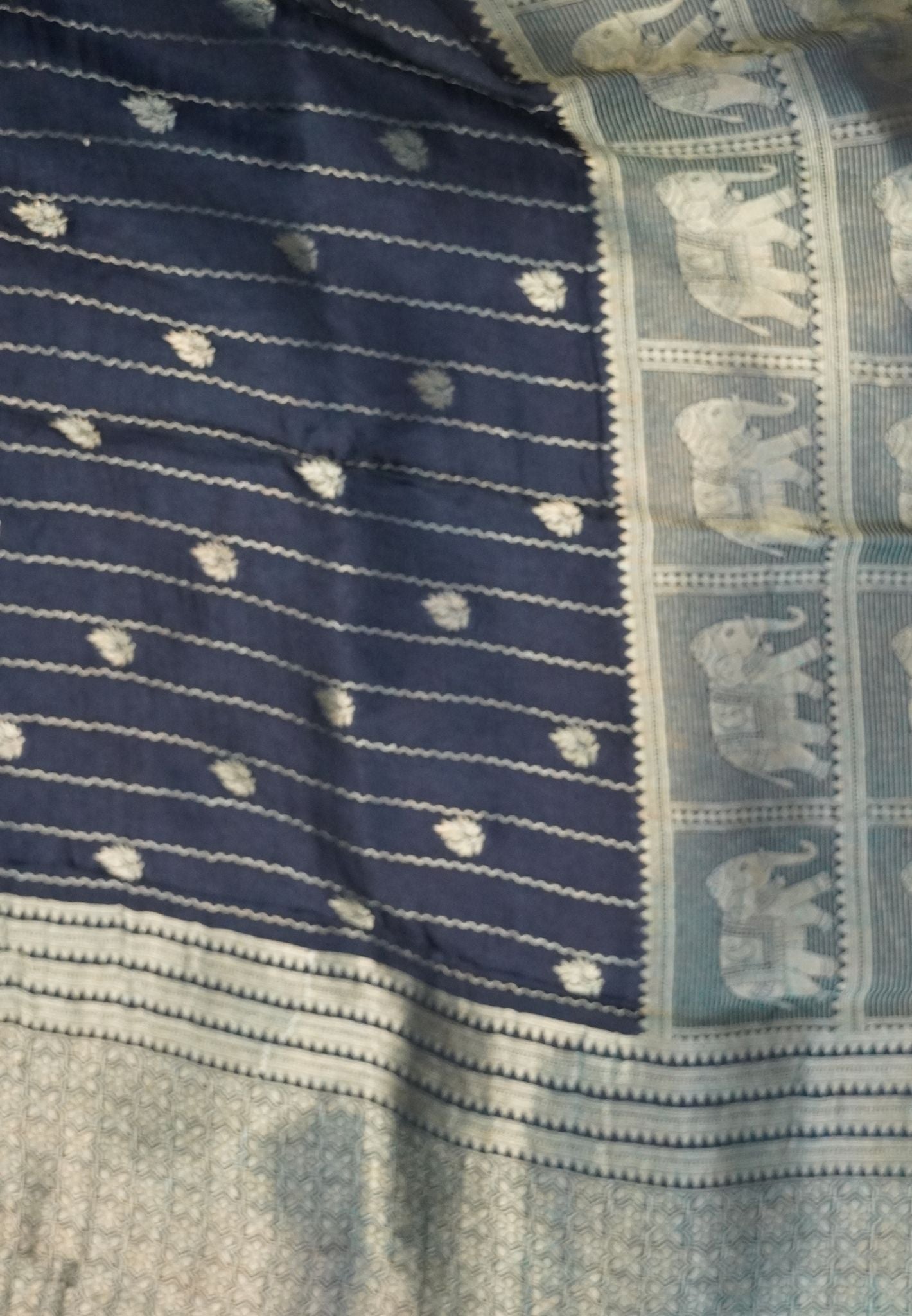 Satin Tussar Saree-Peacock Blue with Checked Elephant Border