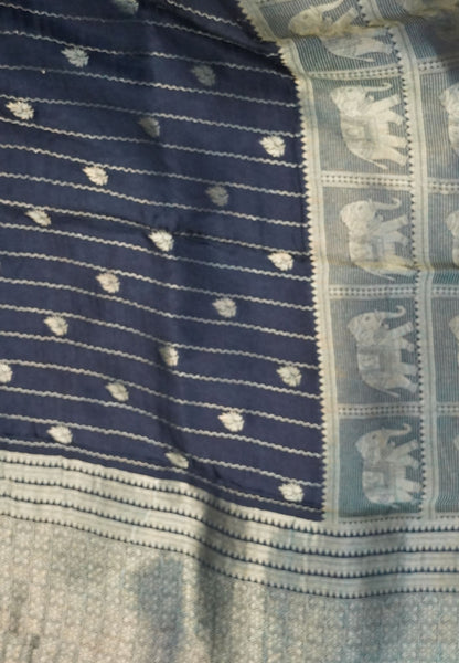 Satin Tussar Saree-Peacock Blue with Checked Elephant Border
