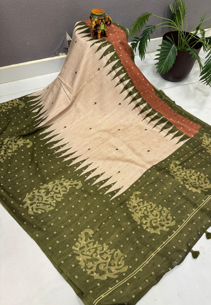 Soft Tussar Saree-Beige-Olive Green In Zigzag Temple Inspired Border