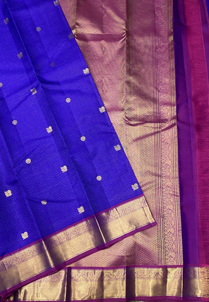 Pure Kanchipuram Silk Saree-Blue with Magenta Border