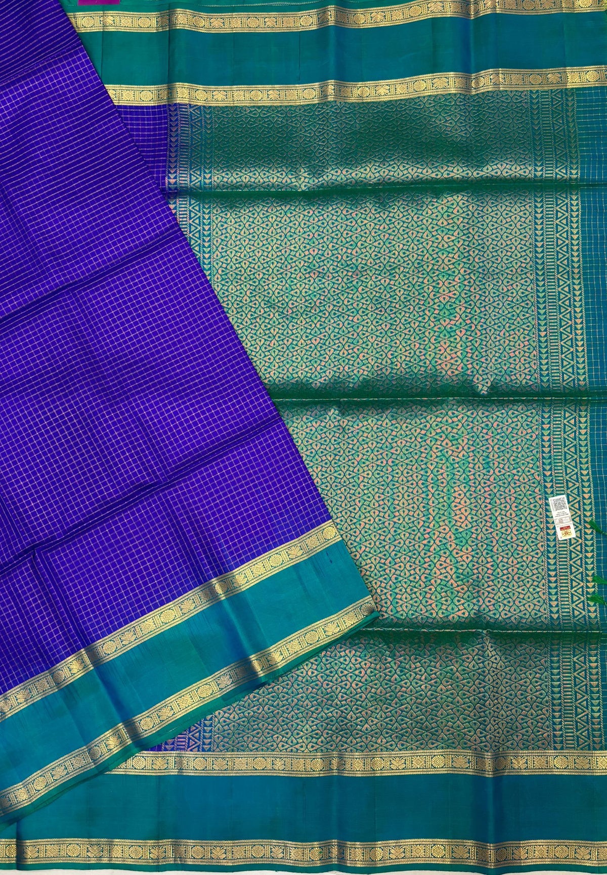 Pure Kanchipuram Silk Saree-Violet in Zari Checks with Contrast Retapet Border