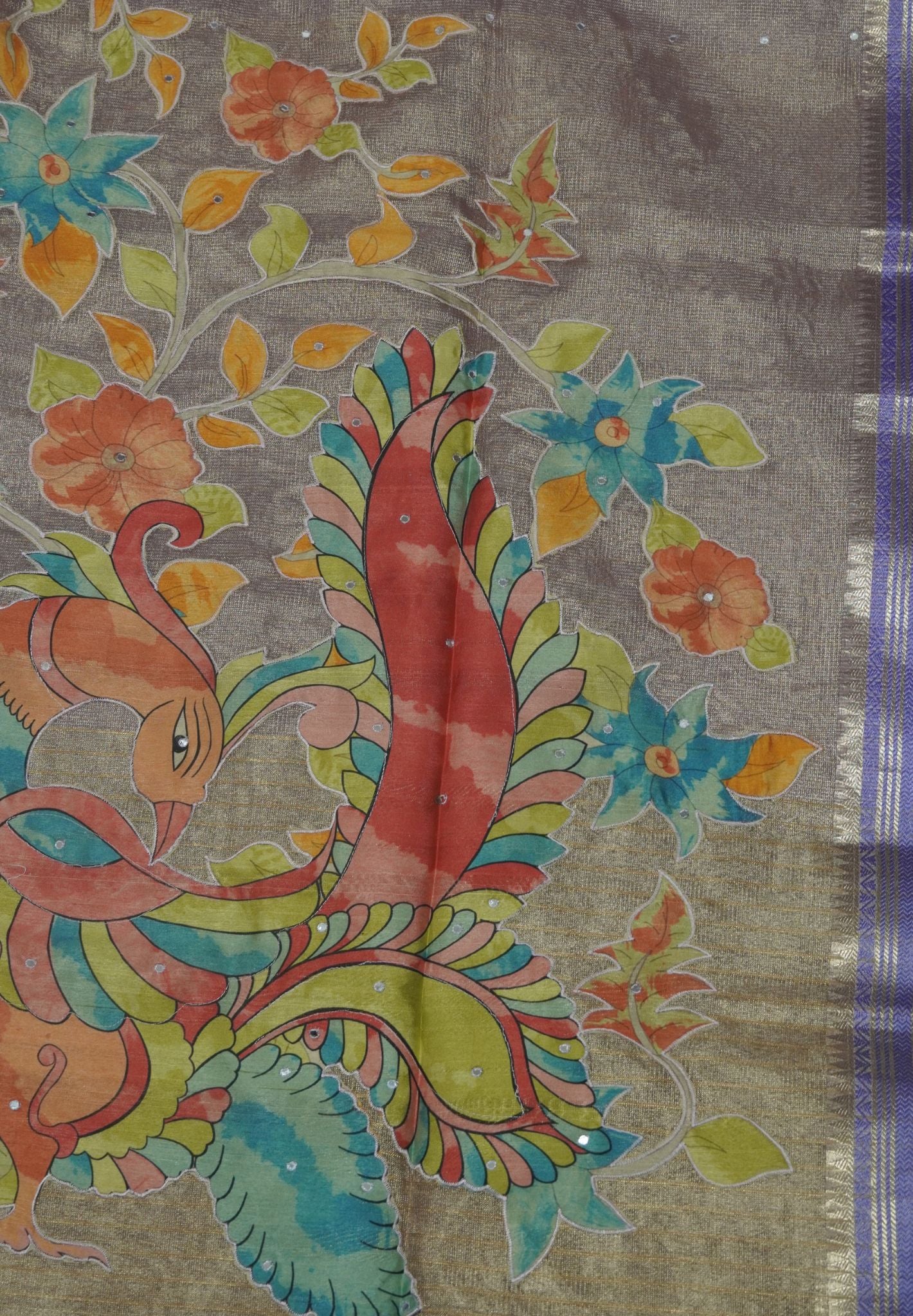 Silk Kota Saree-Purple With Mirror and Applique Work in Pallu