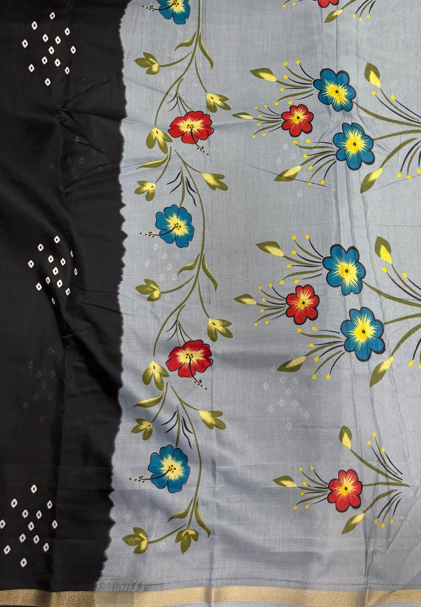 Malai Cotton Saree -Black with Bandhini Print