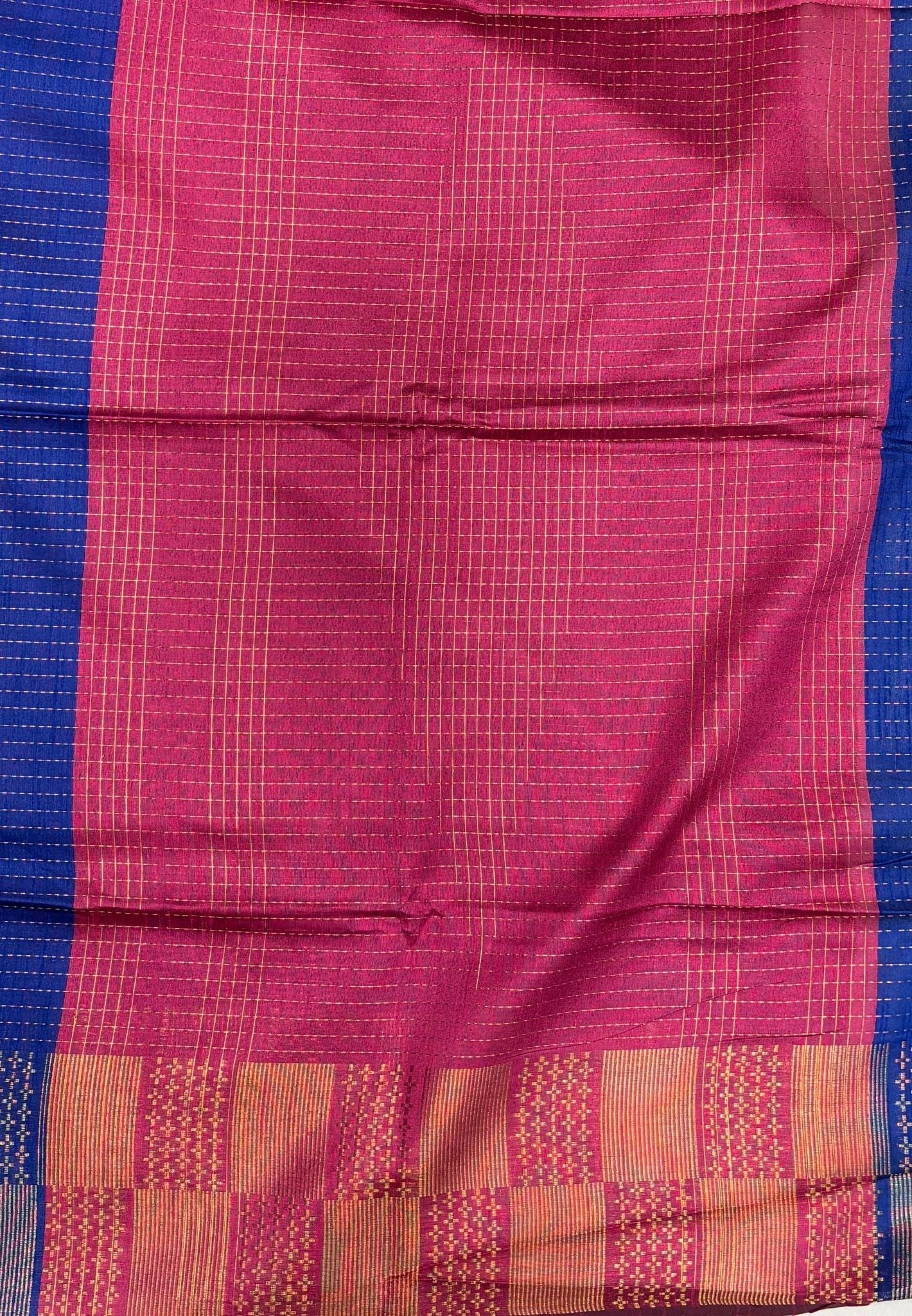 Semi Raw Silk Saree-Ink Blue In Checkered Zari With Contrast Border