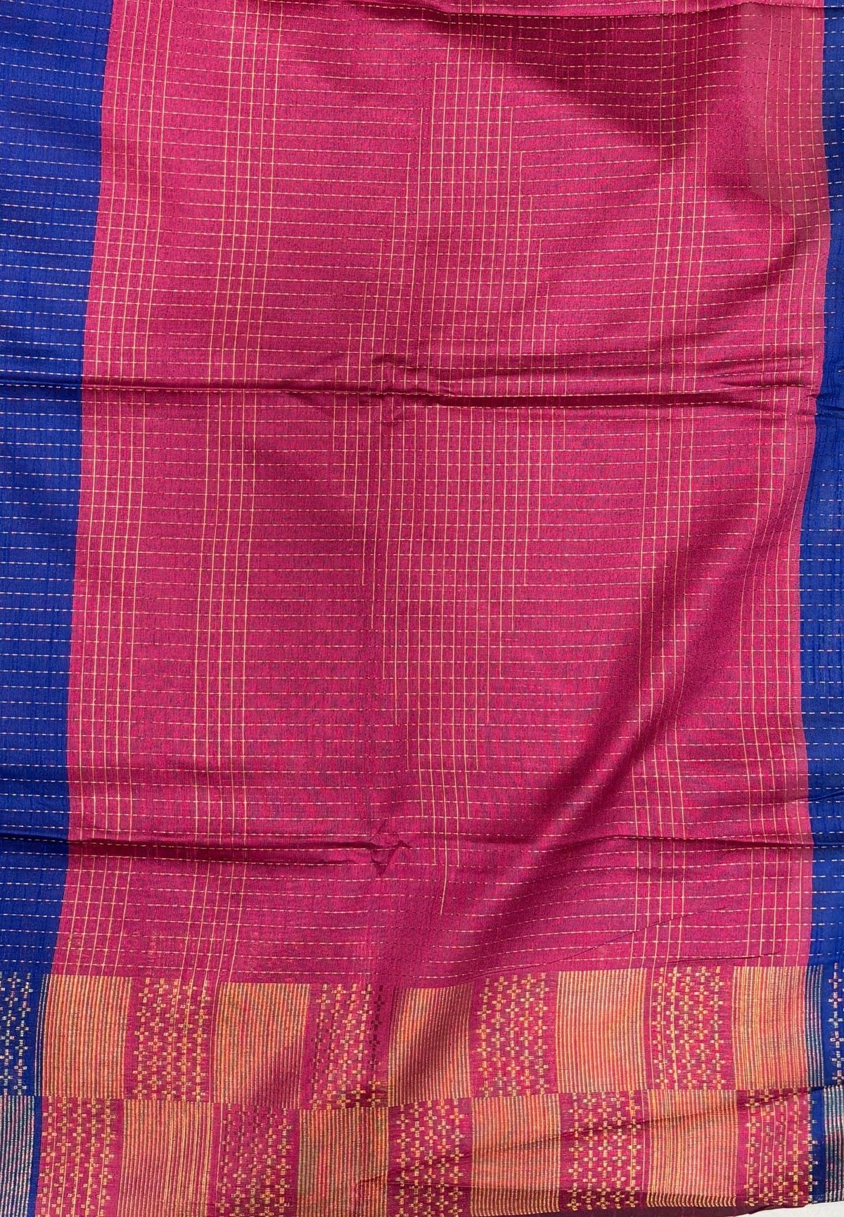 Semi Raw Silk Saree-Ink Blue In Checkered Zari With Contrast Border