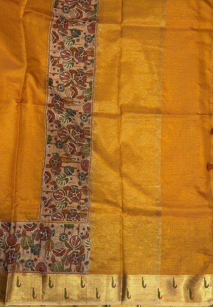 Silk Kota Saree-Mustard In Kalamkari Embroidery Border