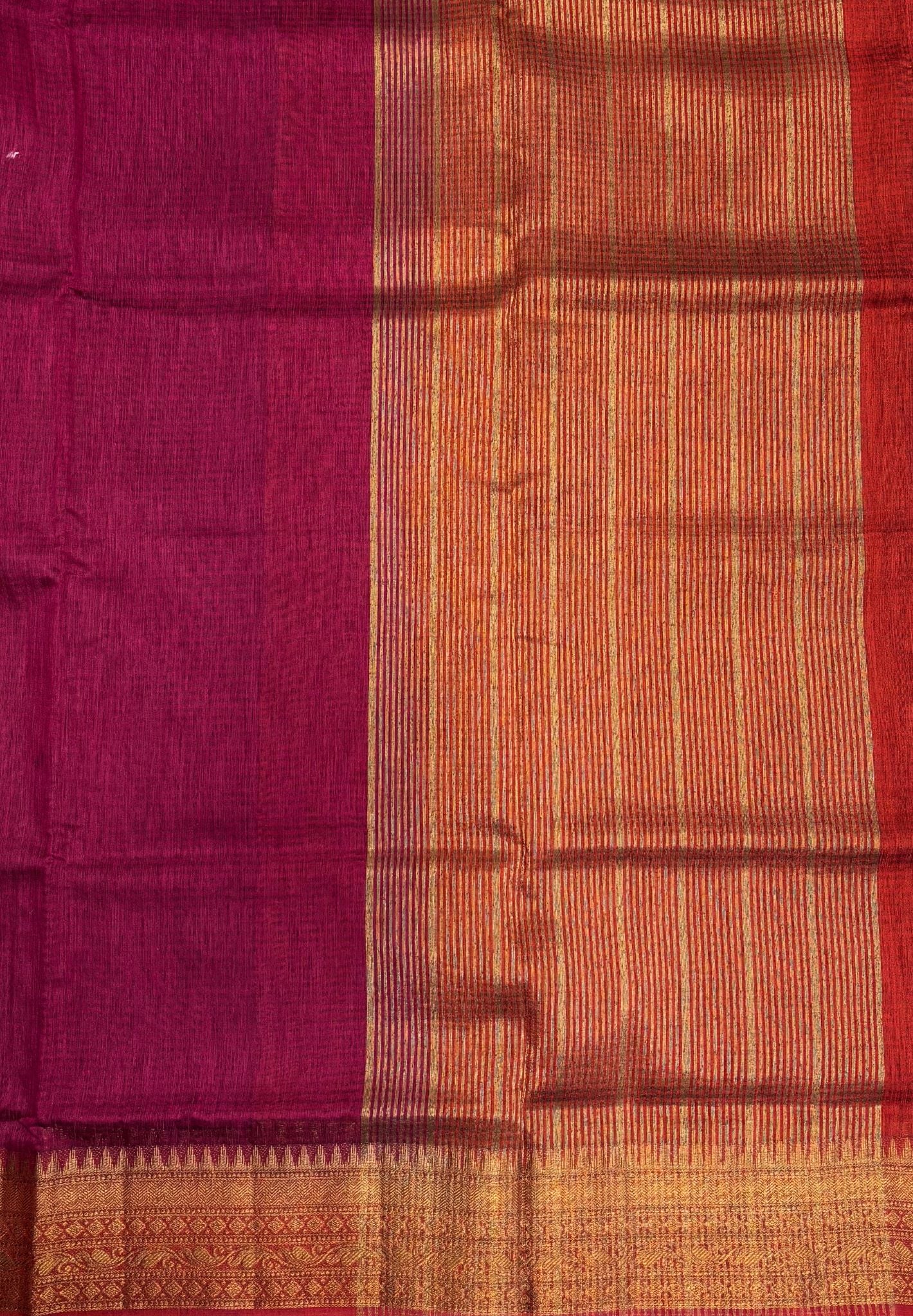 Bamboo Silk Saree-Wine In Checked Zari Stripe Border