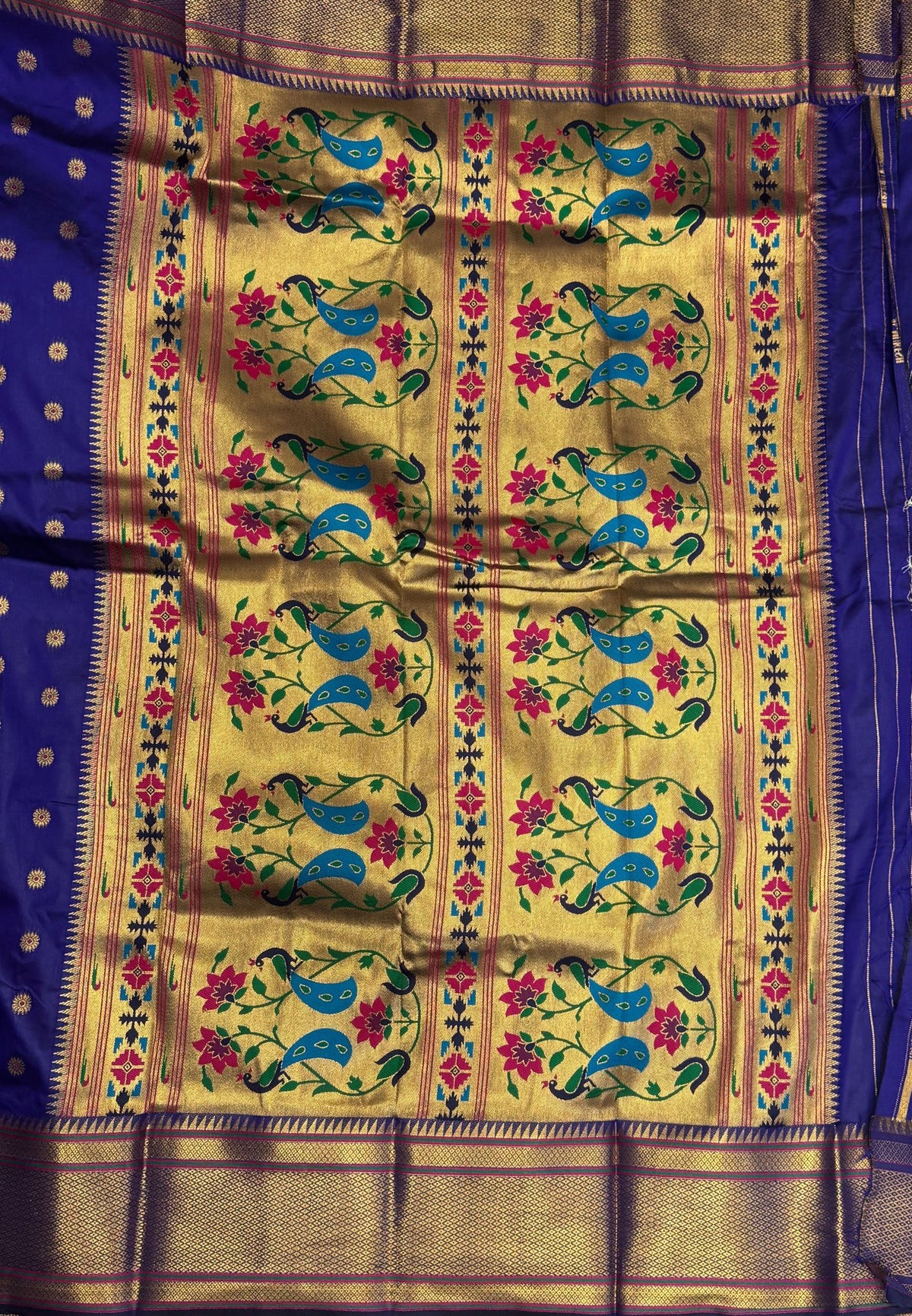 Traditional Peacock Floral Brocade Border - Royal Blue