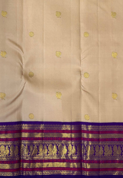 Pure Kanchipuram Silk Saree-Ivory in Peacock Feather Zari with Contrast Border