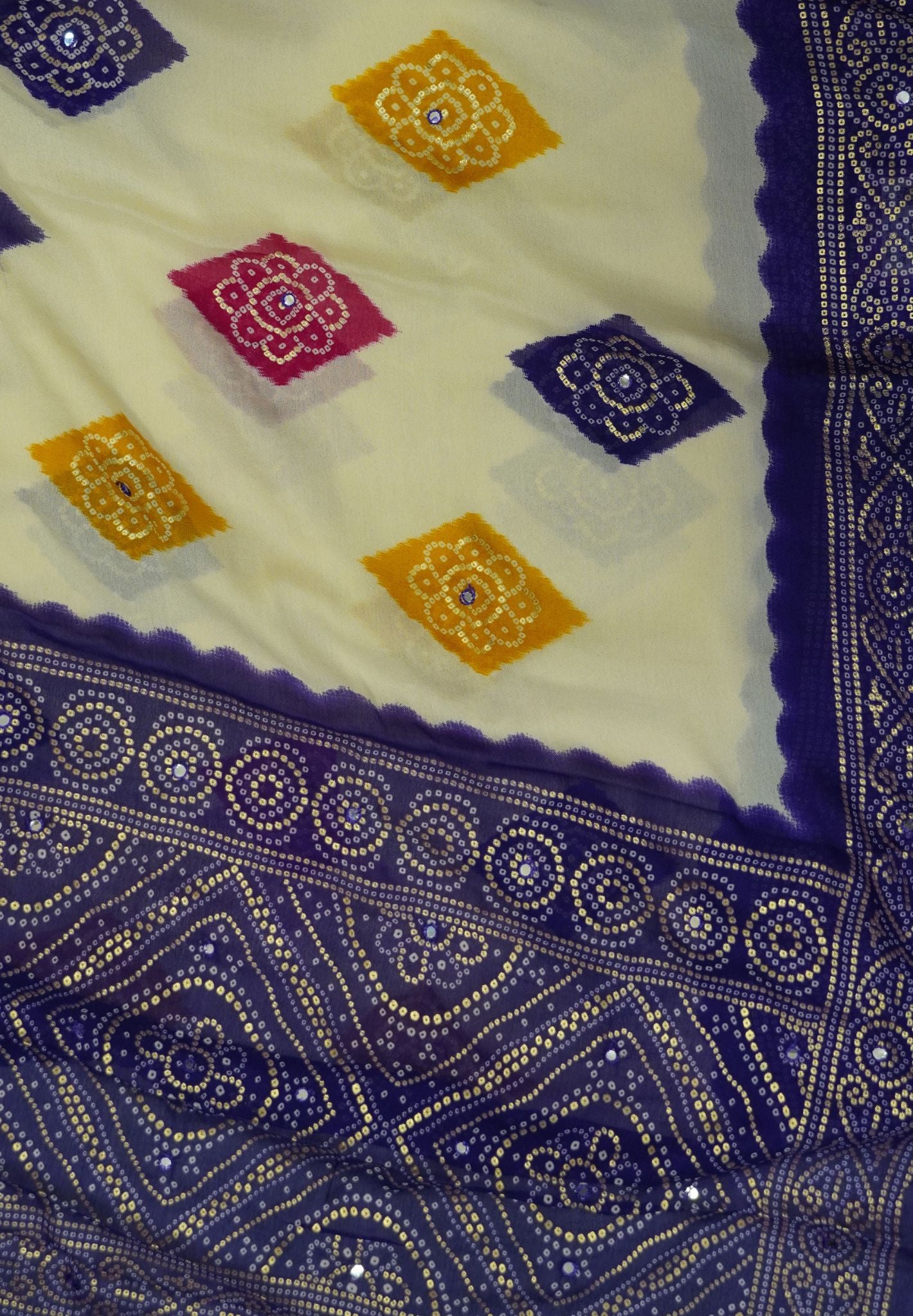 Chiffon Saree – Bandhani Inspired Print with Elegant Border - White & Violet