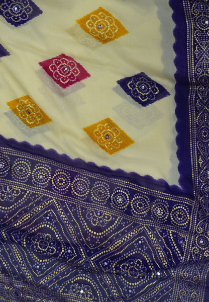 Chiffon Saree – Bandhani Inspired Print with Elegant Border - White & Violet