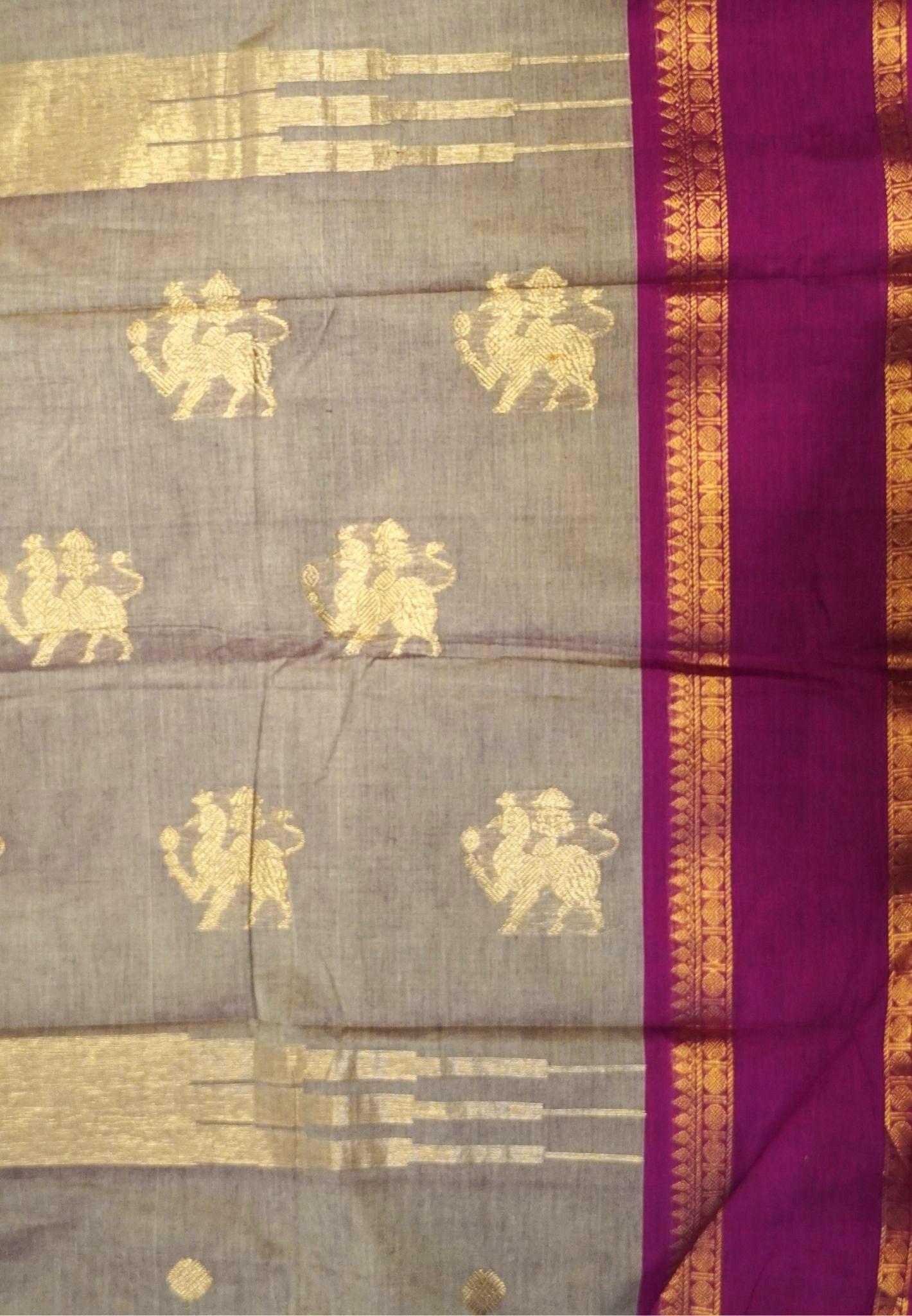 Chettinadu Cotton Saree-Brown Beige with Contrast Zari Border & Annapakshi Buttas