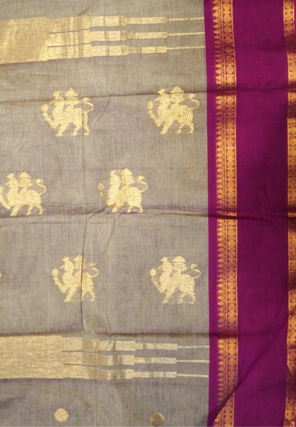 Chettinadu Cotton Saree-Brown Beige with Contrast Zari Border & Annapakshi Buttas