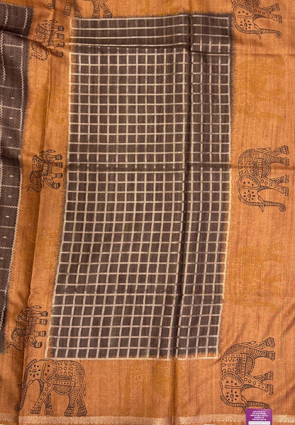 Semi Tussar Saree-Brown in Traditional Elephant Motif Zari with Contrast Border