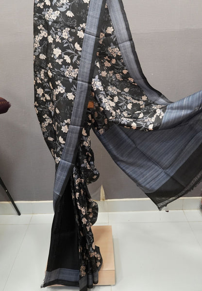 Pure Tussar Saree-Black in Floral Pattern