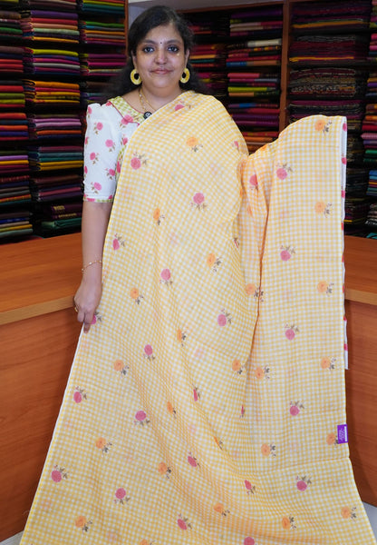 Linen Saree - Checks Yellow