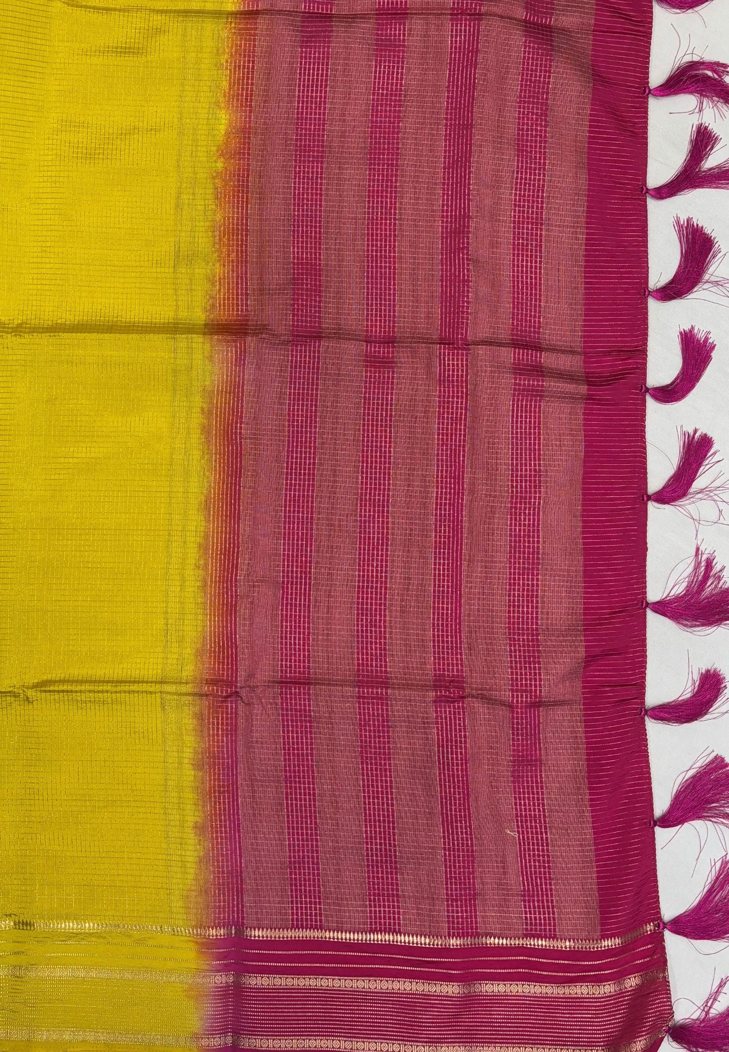 Mulberry Silk Saree-Yellow In Striped Zari With Contrast Border