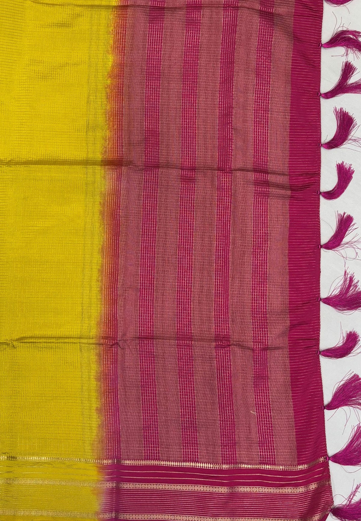 Mulberry Silk Saree-Yellow In Striped Zari With Contrast Border