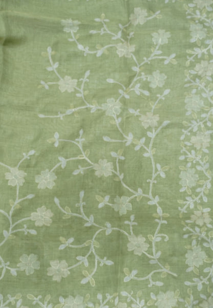 Tissue Linen Saree - Green With Floral Embroidery