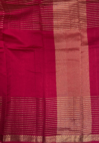 Semi Chinya Silk Saree-Redish In Fine Stripe Zari Border