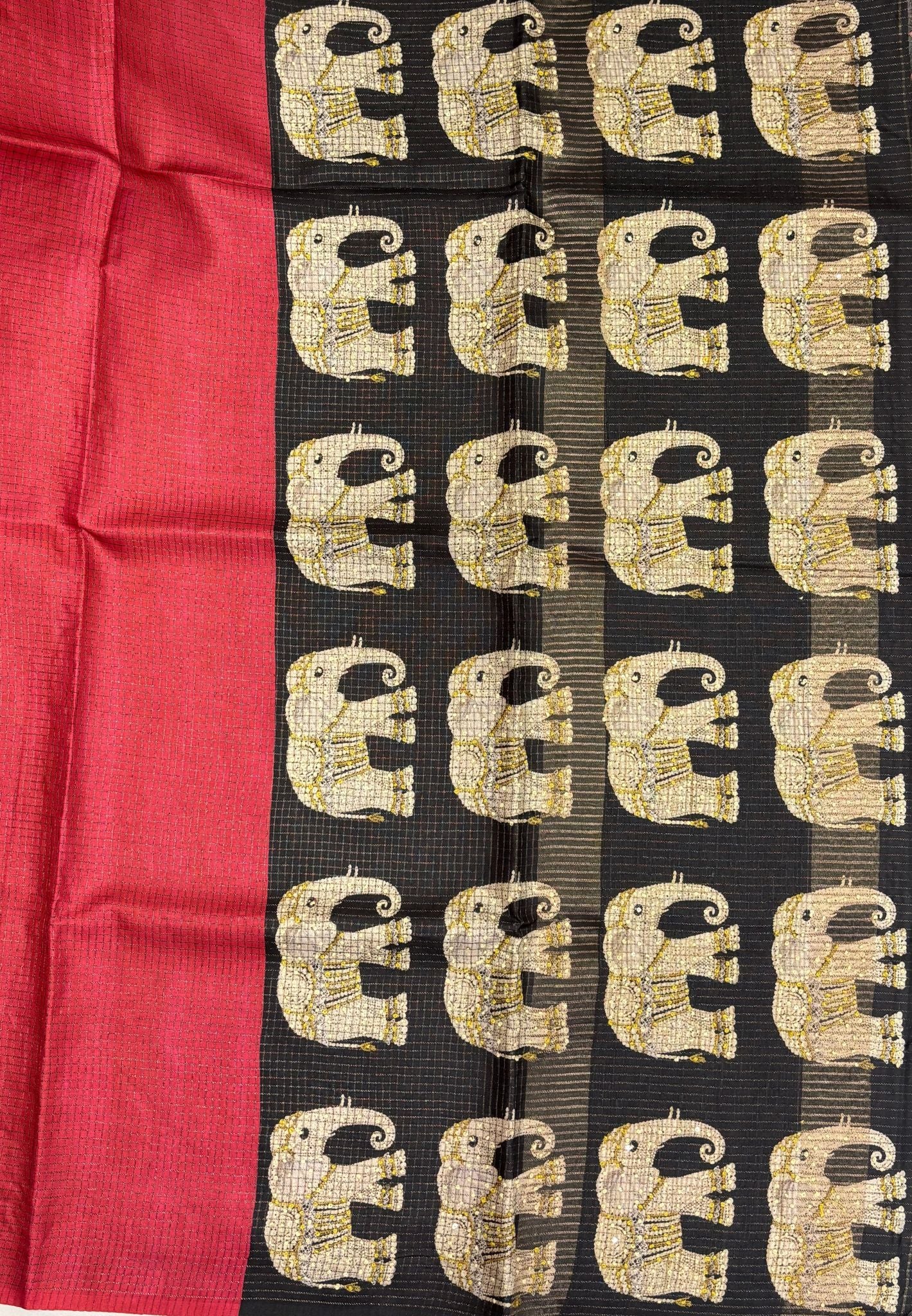 Tussar Saree-Red In Elephant Motif Border