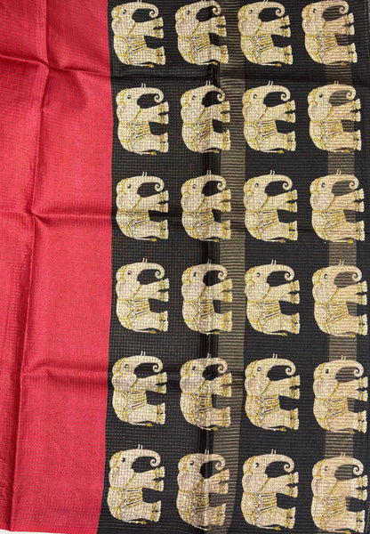 Tussar Saree-Red In Elephant Motif Border