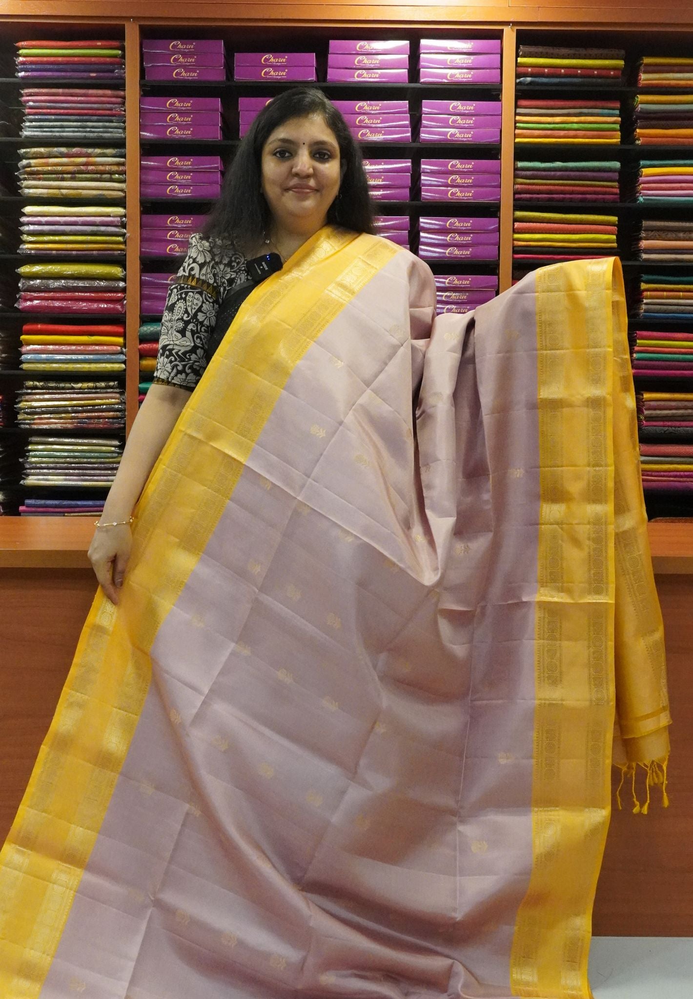 Pure Silk Saree - Light Mauve - Yellow