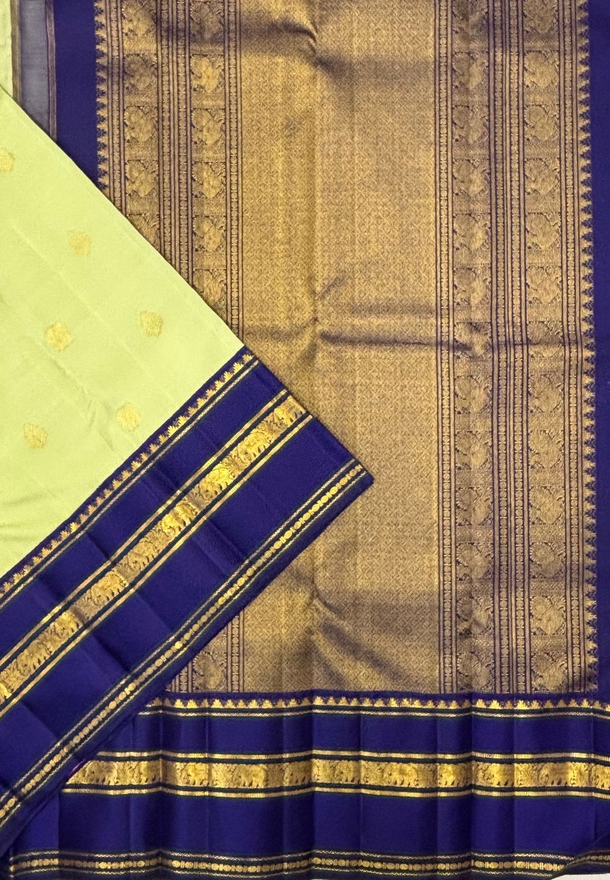 Pure Kanchipuram Silk Saree-Light Pista Green-Navy Blue In Elephant Zari with Contrast Border