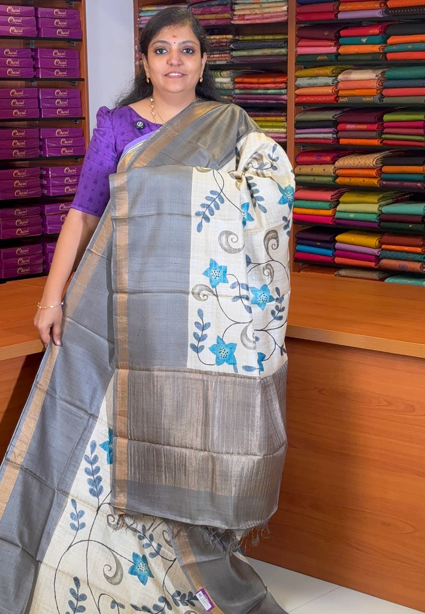Pure Tussar Saree-Beige with Floral Vine Saree