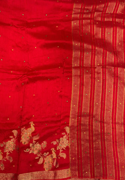 Viscose Saree-Red In Peacock Motif Border