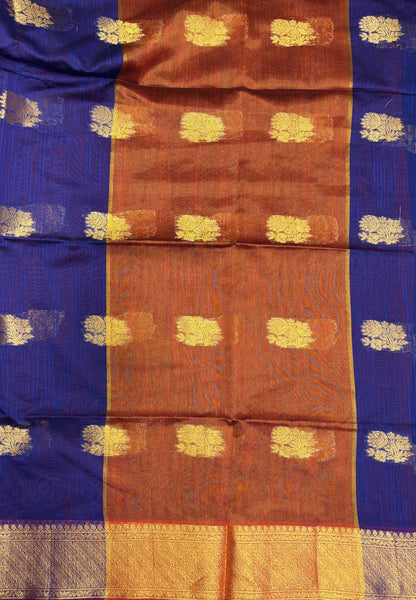 Handloom Silk Cotton Saree-Blue in Mini Butta Zari Border