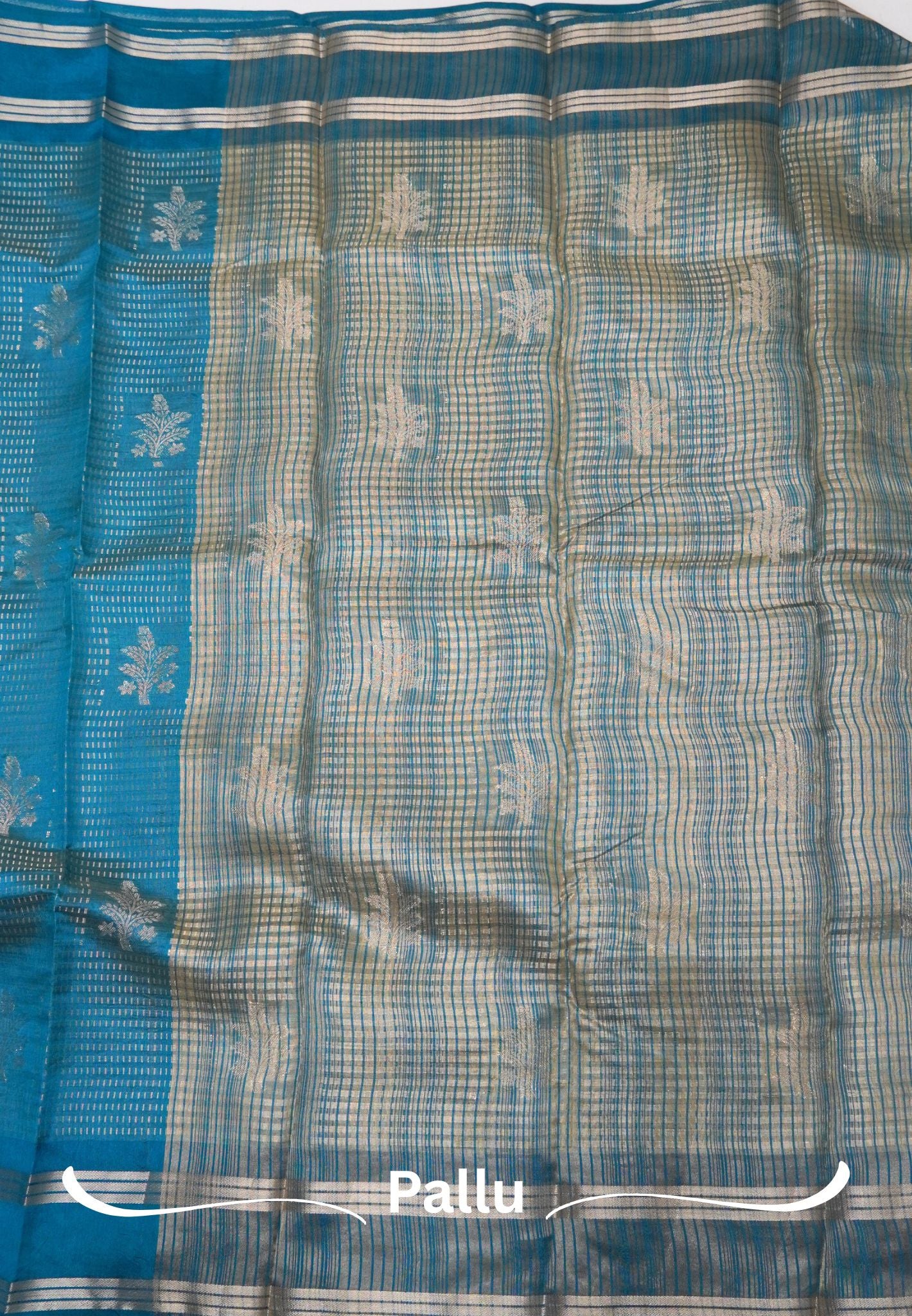 Semi Tussar Saree-Ramar Blue in RainDrop Zari with Retapet Border