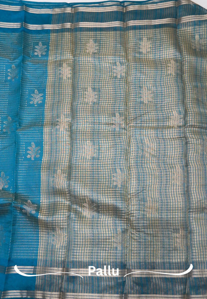 Semi Tussar Saree-Ramar Blue in RainDrop Zari with Retapet Border