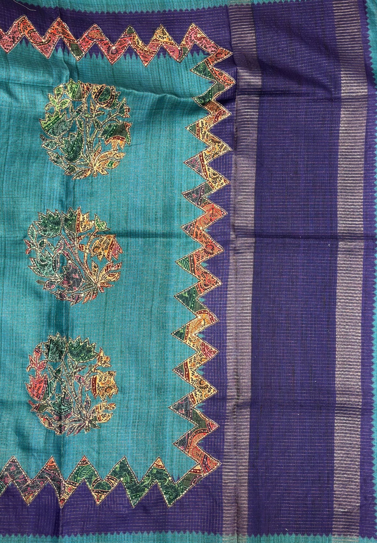 Semi Tussar Saree-Sea Blue in Zigzag Tribal Pattern Border