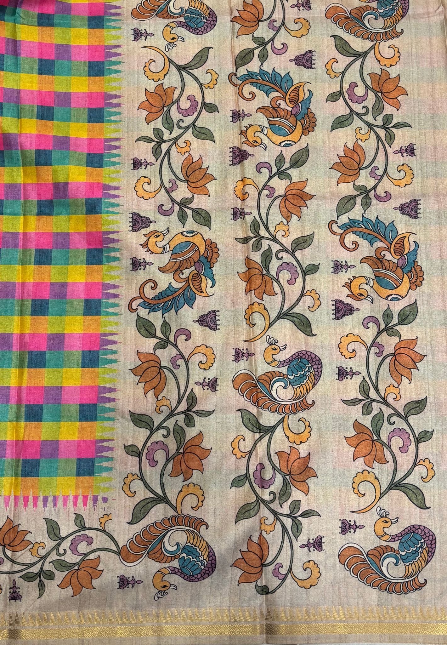 Semi Tussar Saree-Pink in Madras Checks with Peacock Floral Border