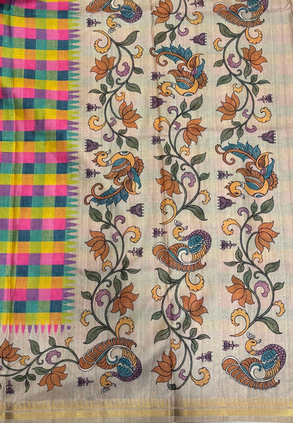 Semi Tussar Saree-Pink in Madras Checks with Peacock Floral Border