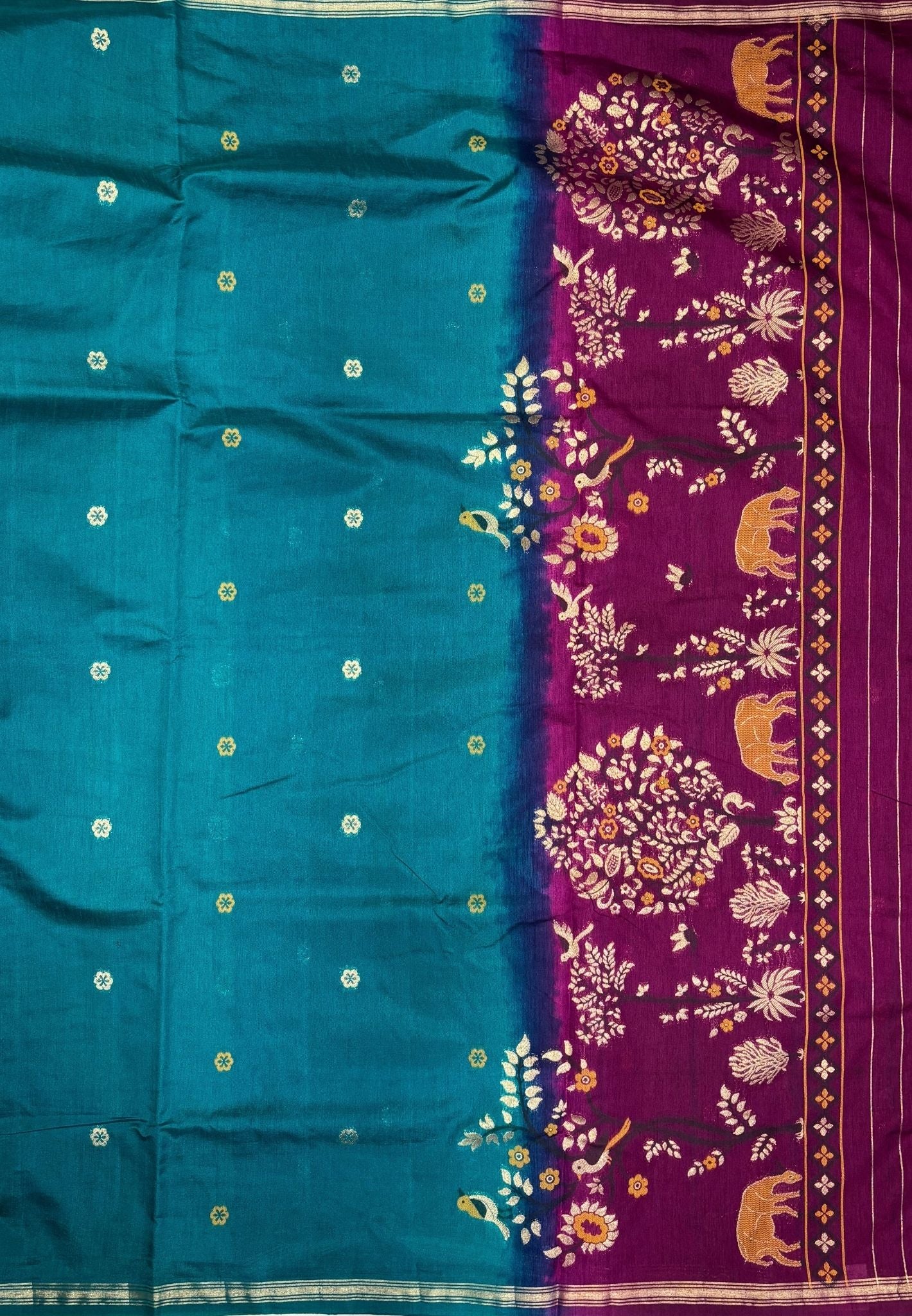 Gaji Silk Saree-Ramar Green In Warli Tree & Elephant With Contrast Border