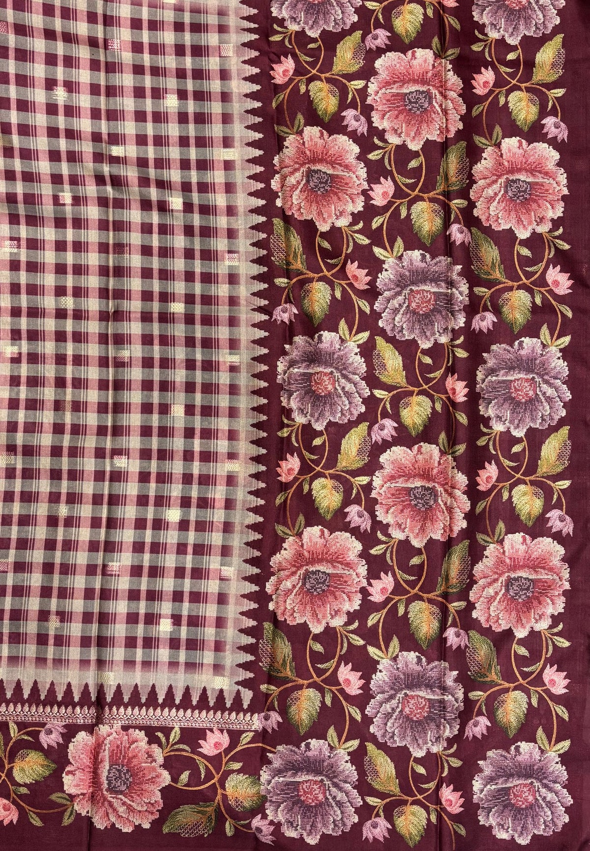 Soft Tussar Saree-Maroon in Floral Garden Border