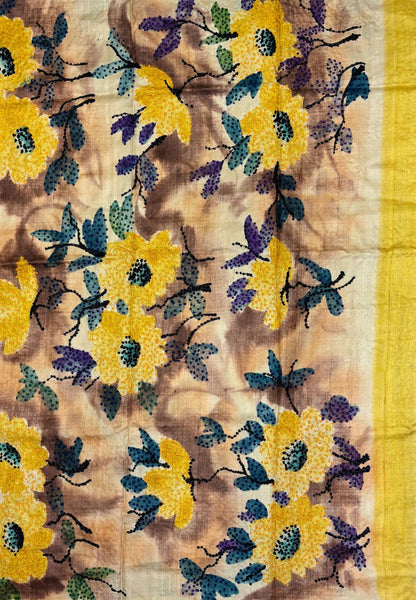 Pure Tussar Saree-Mustard In Stripe French Knot Border