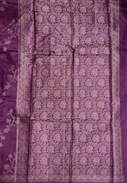 Pure Tussar Saree-Purple in Floral Vine Brocade Border