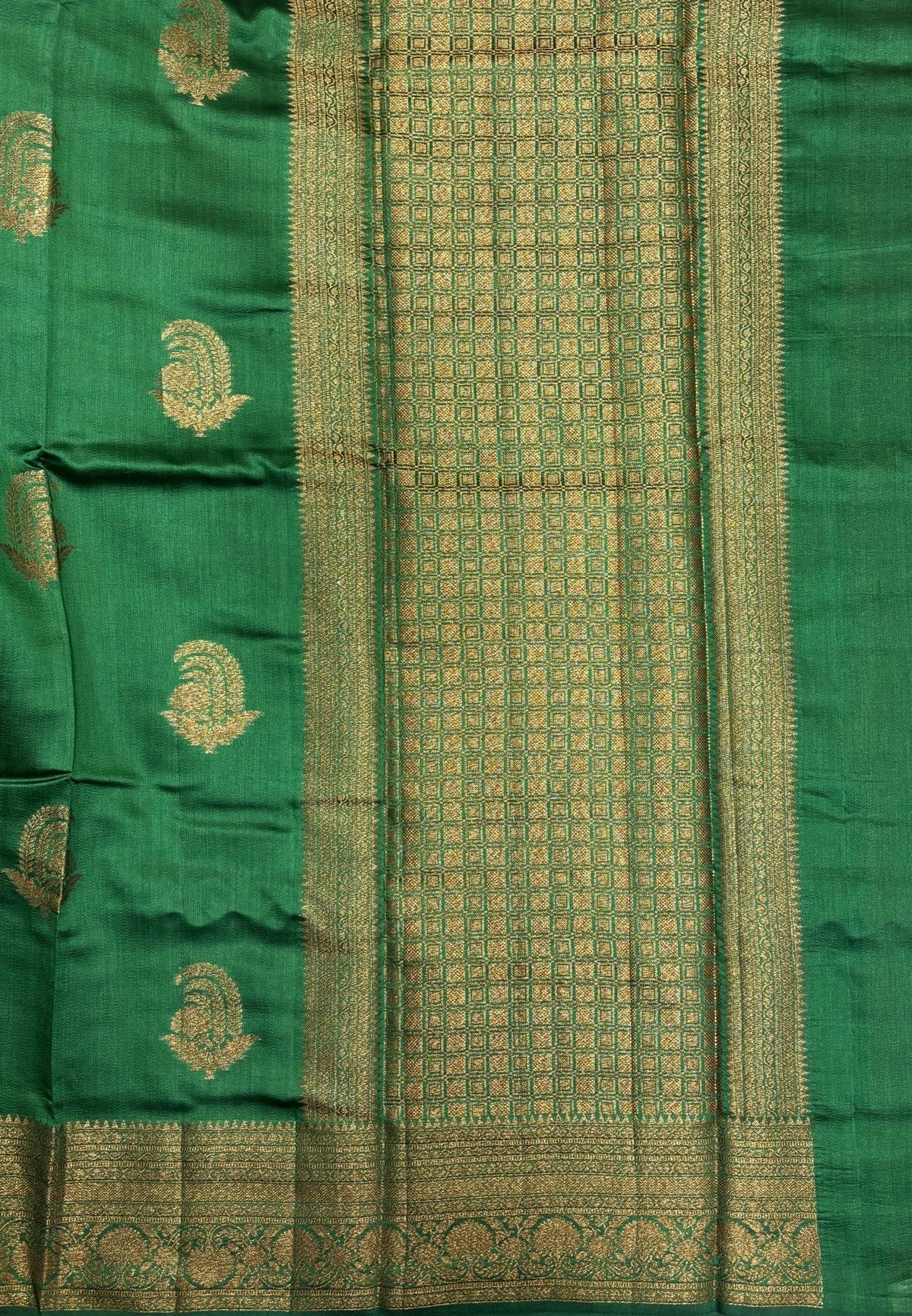 Pure Chinya Silk Saree-Metallic Green In Antique Jaali Brocade Border