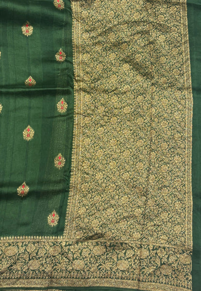 Banarasi Tussar Saree-Sage Green in Floral Brocade Zari Border