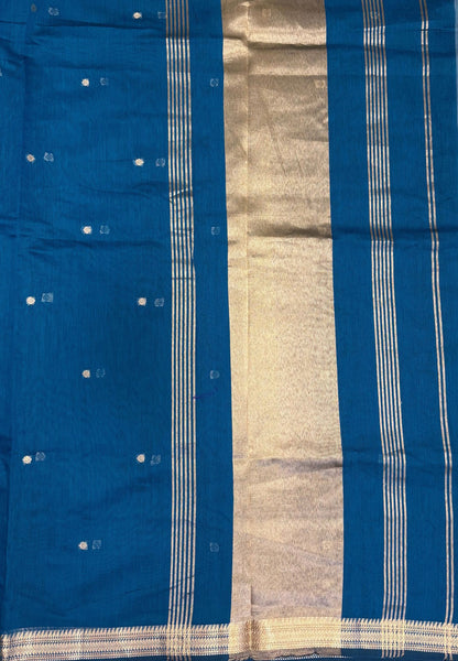 Handloom Cotton Saree-Peacock Blue In Broad Plain Zari Border