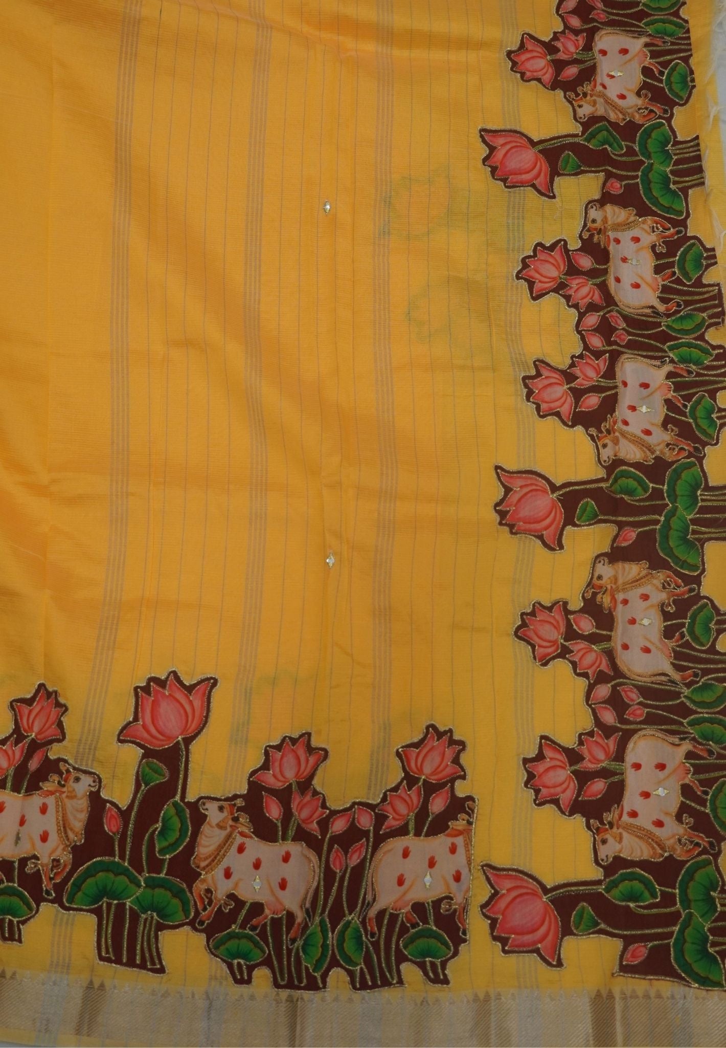 Pure Mangalgiri Silk Saree-Yellow in Tanjore Print with Aplique Work