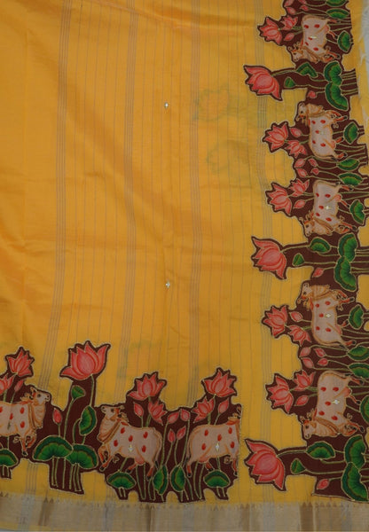 Pure Mangalgiri Silk Saree-Yellow in Tanjore Print with Aplique Work