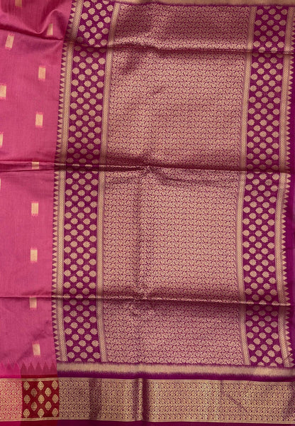 Raw Silk Saree-Rani Pink In Brocade Floral Panel Border