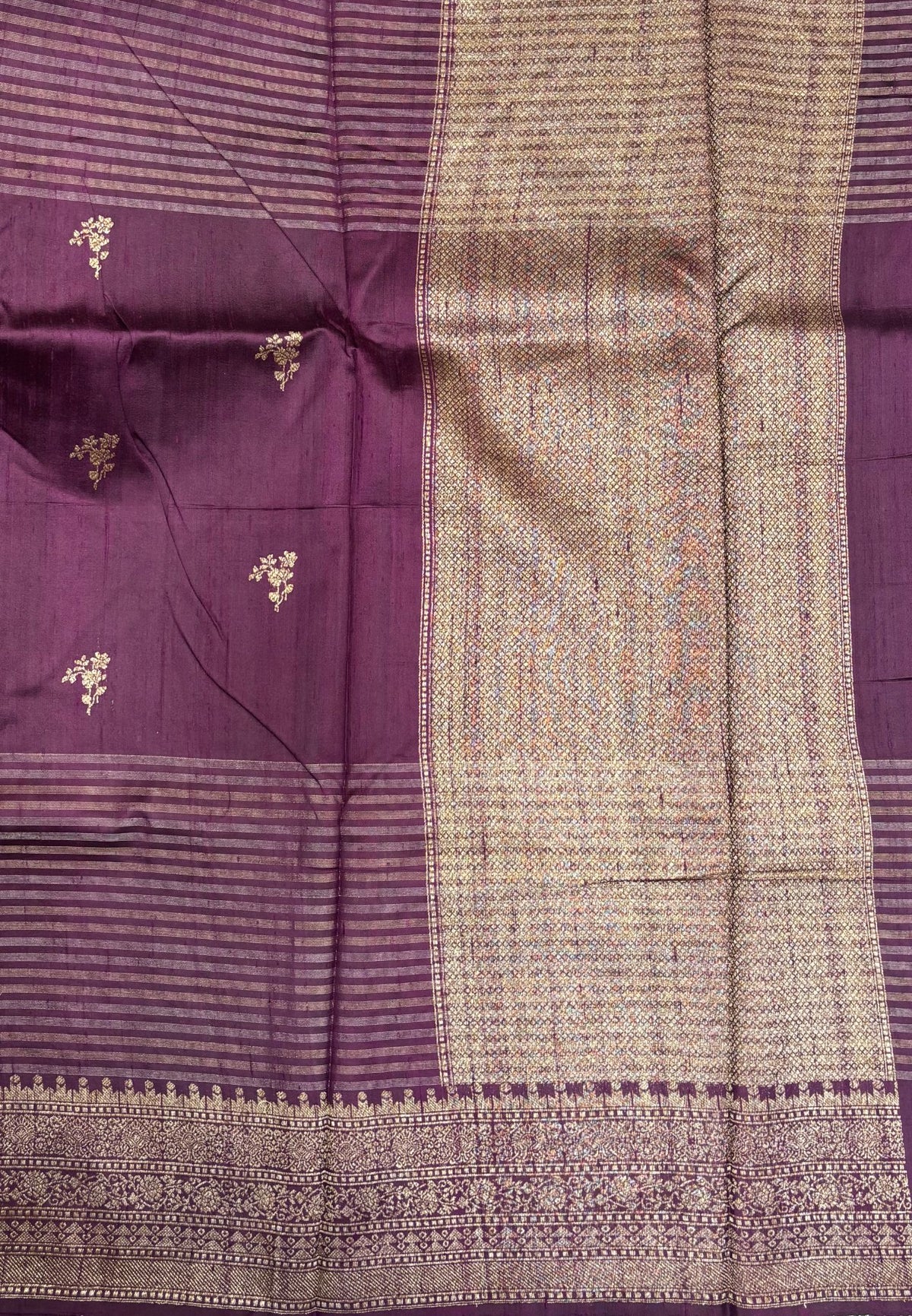 Pure Handloom Tussar Saree-Wine in Traditional Floral Brocade Border
